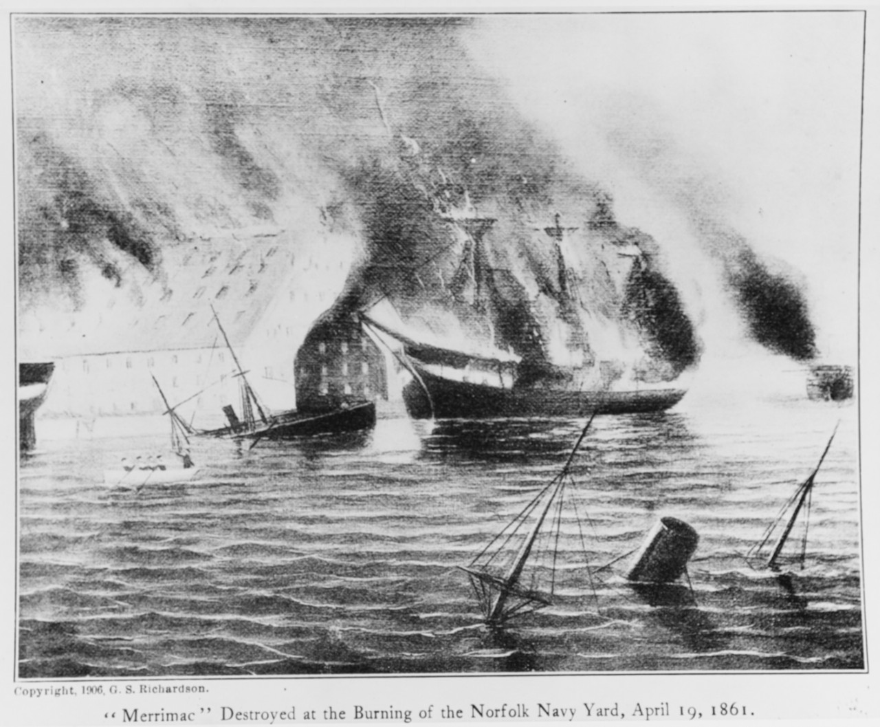 Photo #: NH 58880  &quot;'Merrimac' Destroyed at the Burning of the Norfolk Navy Yard, April 19, 1861.&quot;