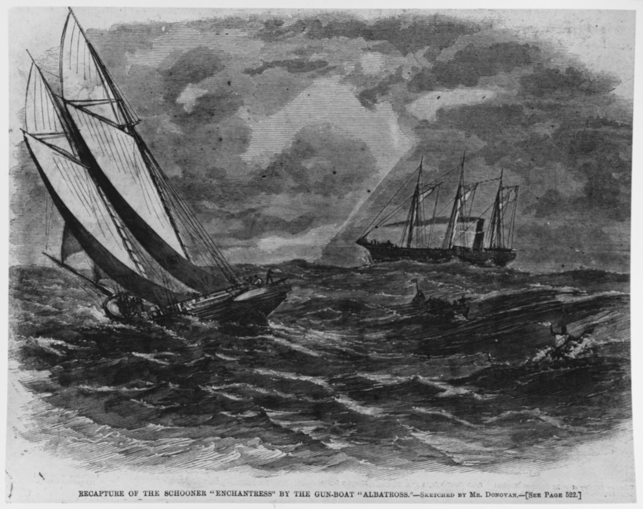 Photo #: NH 58884  &quot;Recapture of the Schooner 'Enchantress' by the Gun-boat 'Albatross'.&quot;