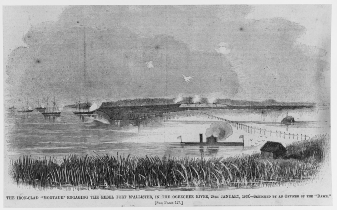 Photo #: NH 58899  &quot;The Iron-clad 'Montauk' engaging the Rebel Fort McAllister, in the Ogeechee River, 28th January 1863. -- Sketched by an Officer of the 'Dawn.'&quot;