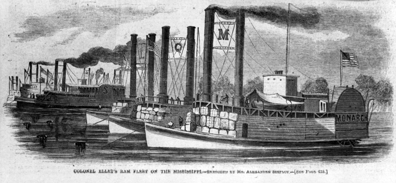 Photo #: NH 59007 Colonel Ellet's Ram Fleet on the Mississippi Line engraving after a sketch by Alexander Simplot, published in Harper's Weekly, 1862. Ships in the foreground are: Monarch (letter M between stacks), Queen of the West (with letter Q) and Lioness (letter L). In the left background are: Switzerland (with letter S on paddlebox), Samson and Lancaster. Note cotton bales stacked on deck to protect boilers.