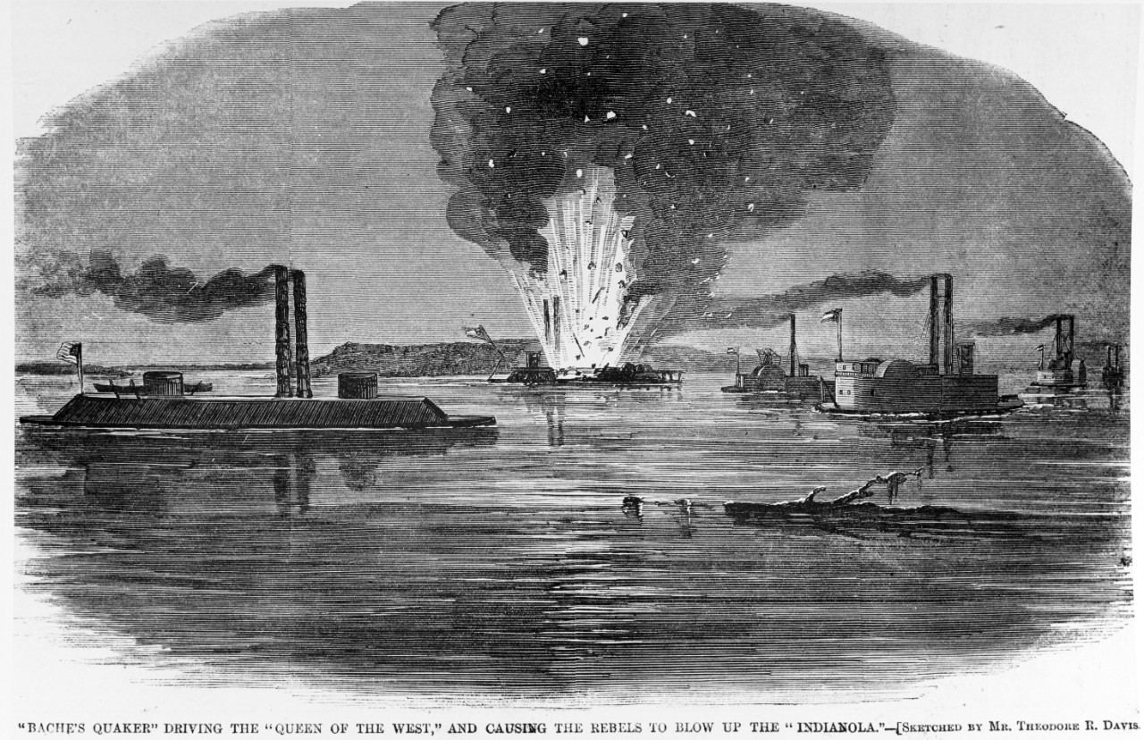 NH 59105 'Bache's Quaker' Driving the 'Queen of the West,' and Causing the Rebels to Blow Up the 'Indianola'. Line engraving after a sketch by Theodore R. Davis, published in Harper's Weekly, 1863, depicting the 25 February 1863 operation in which a dummy ironclad (left) was floated down the Mississippi River by the U.S. Navy, causing the Confederates to destroy the captured ironclad USS Indianola. CSS Queen of the West is depicted at the right.