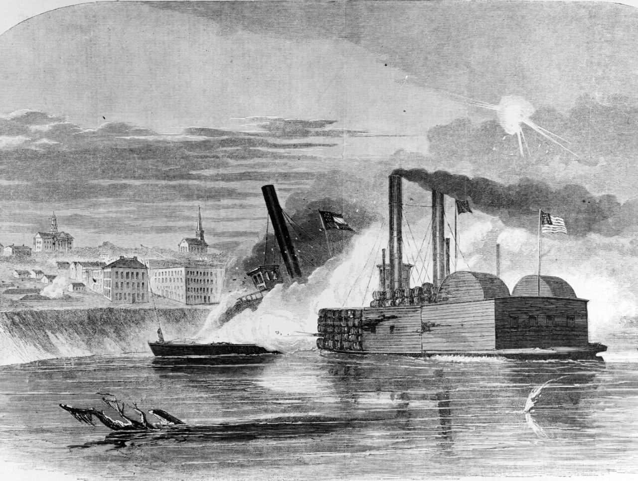 Photo #: NH 59106 The Federal Ram 'Queen of the West' attacking the Rebel Gun-boat 'Vicksburg' off Vicksburg Line engraving published in Harper's Weekly, 1863, depicting the 2 February 1863 attack by U.S. Ram Queen of the West on the Confederate steamer City of Vicksburg off Vicksburg, Mississippi."
