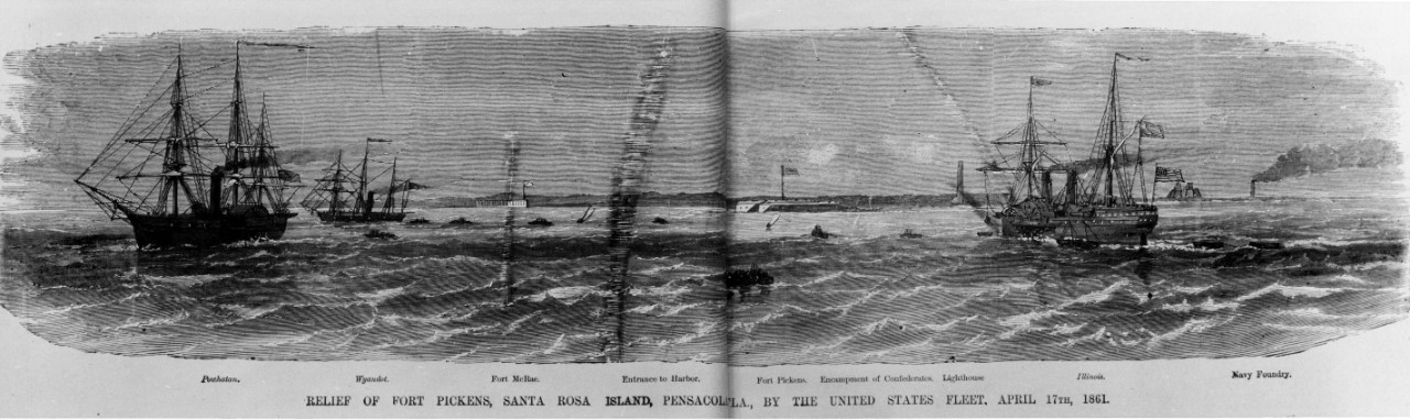 Photo #: NH 59114  &quot;Relief of Fort Pickens, Santa Rosa Island, Fla., by the United States Fleet, April 17th 1861&quot;