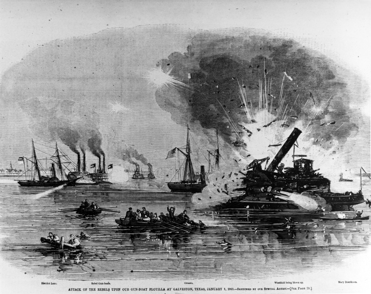 Photo #: NH 59141  &quot;Attack of the Rebels upon our Gun-boat Flotilla at Galveston, Texas, January 1, 1863.&quot;