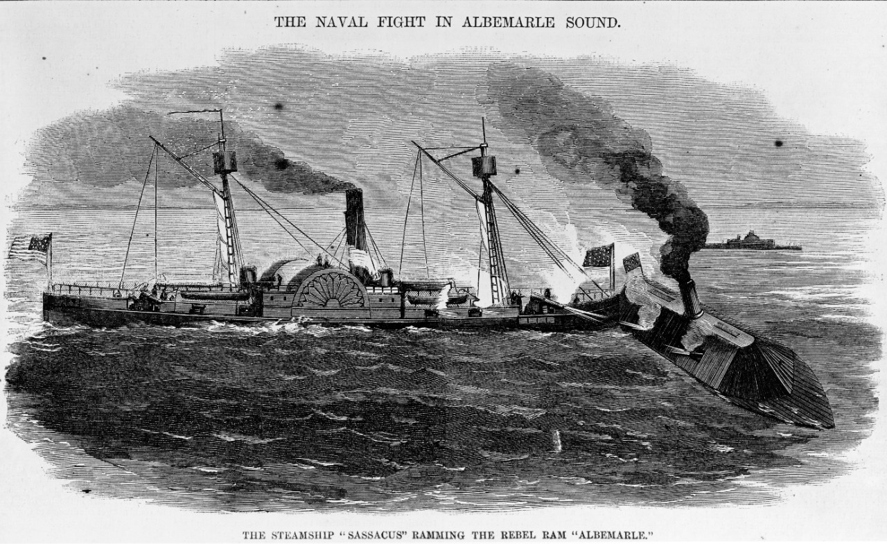 Photo #: NH 59162  &quot;The Steamship 'Sassacus' Ramming The Rebel Ram 'Albemarle'&quot;