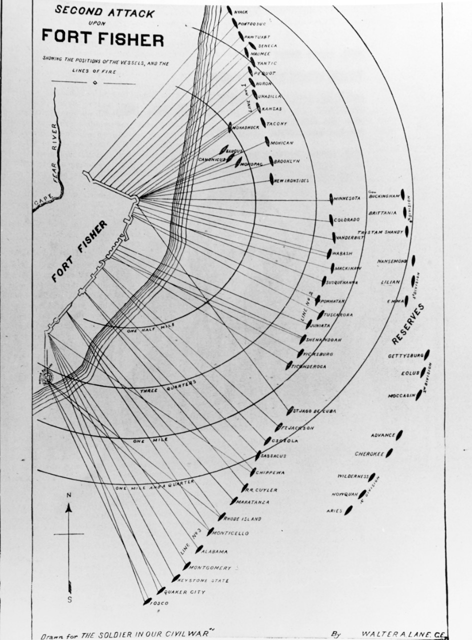 Photo #: NH 59170  &quot;Second Attack upon Fort Fisher, showing the positions of the vessels, and the lines of fire&quot;, 13-15 January 1865