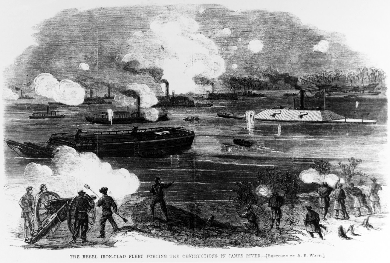 Photo #: NH 59187  &quot;The Rebel Iron-Clad Fleet Forcing the Obstructions in James River&quot;, 23 January 1865
