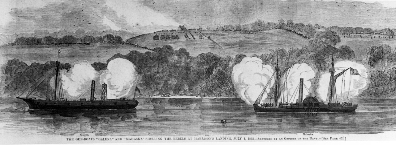 Photo #: NH 59198  &quot;The Gun-boats 'Galena' and 'Mahaska' shelling the Rebels at Harrison's Landing, July 1, 1862&quot;
