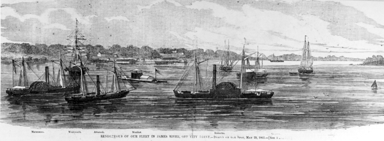 Photo #: NH 59206  &quot;Rendezvous of Our Fleet in James River, off City Point, -- Drawn on the Spot, May 29, 1862&quot;