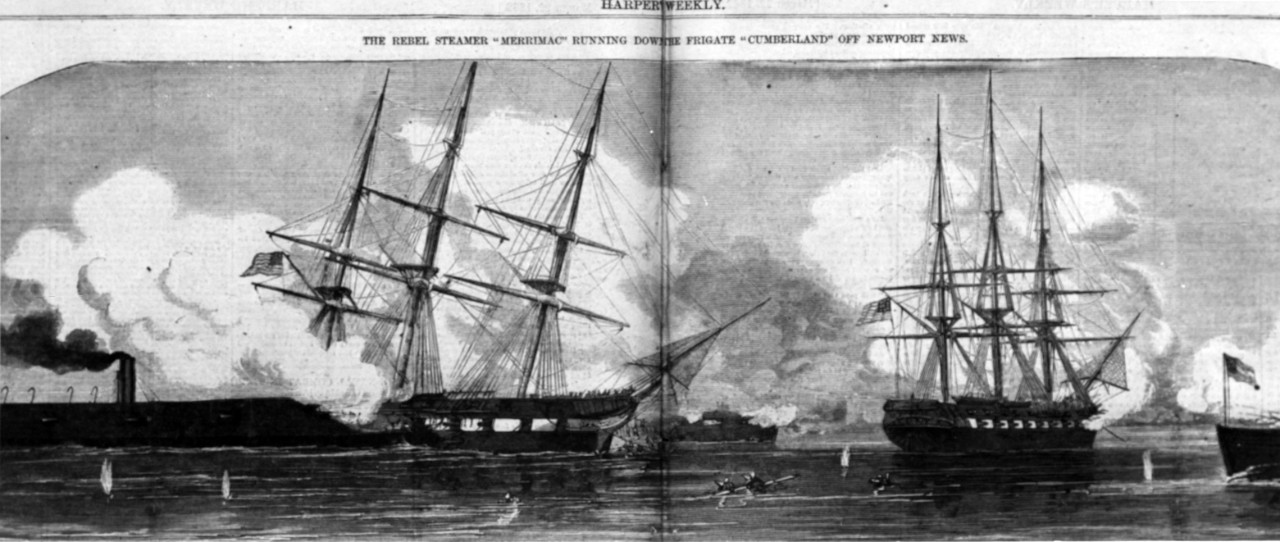 Photo #: NH 59222  &quot;The Rebel Steamer 'Merrimac' running down the Frigate 'Cumberland' off Newport News&quot;