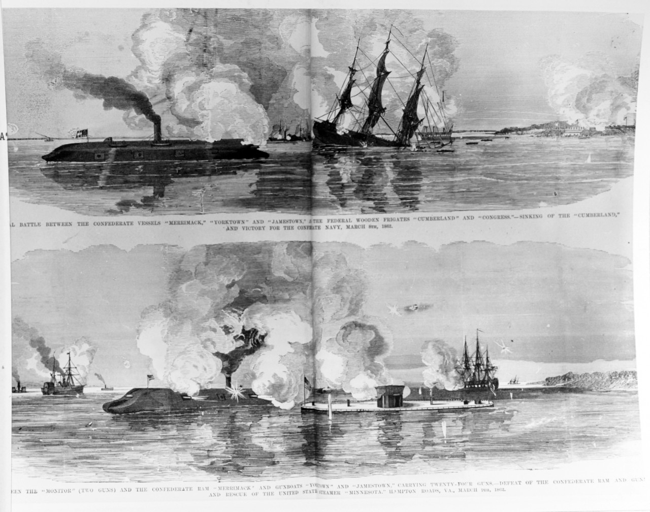 Photo #: NH 59224  Two views of CSS Virginia in action, 8 &amp; 9 March 1862