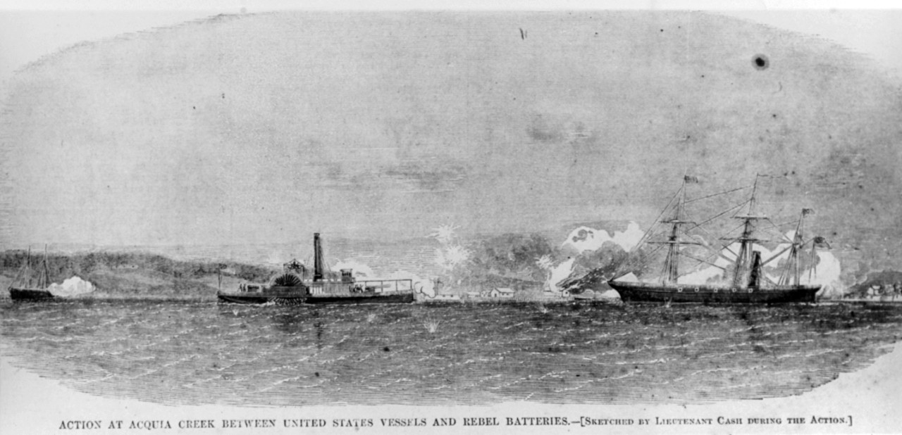 Photo #: NH 59234  &quot;Action at Acquia Creek between United States Vessels and Rebel Batteries&quot;