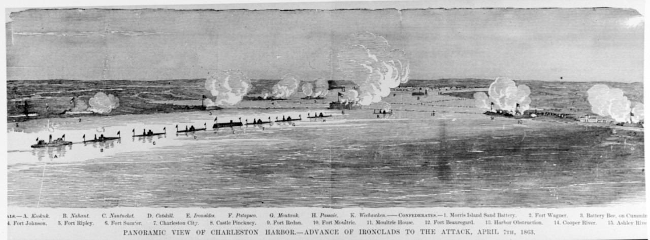 Photo #: NH 59269  &quot;Panoramic View of Charleston Harbor. -- Advance of Ironclads to the Attack, April 7th, 1863&quot;