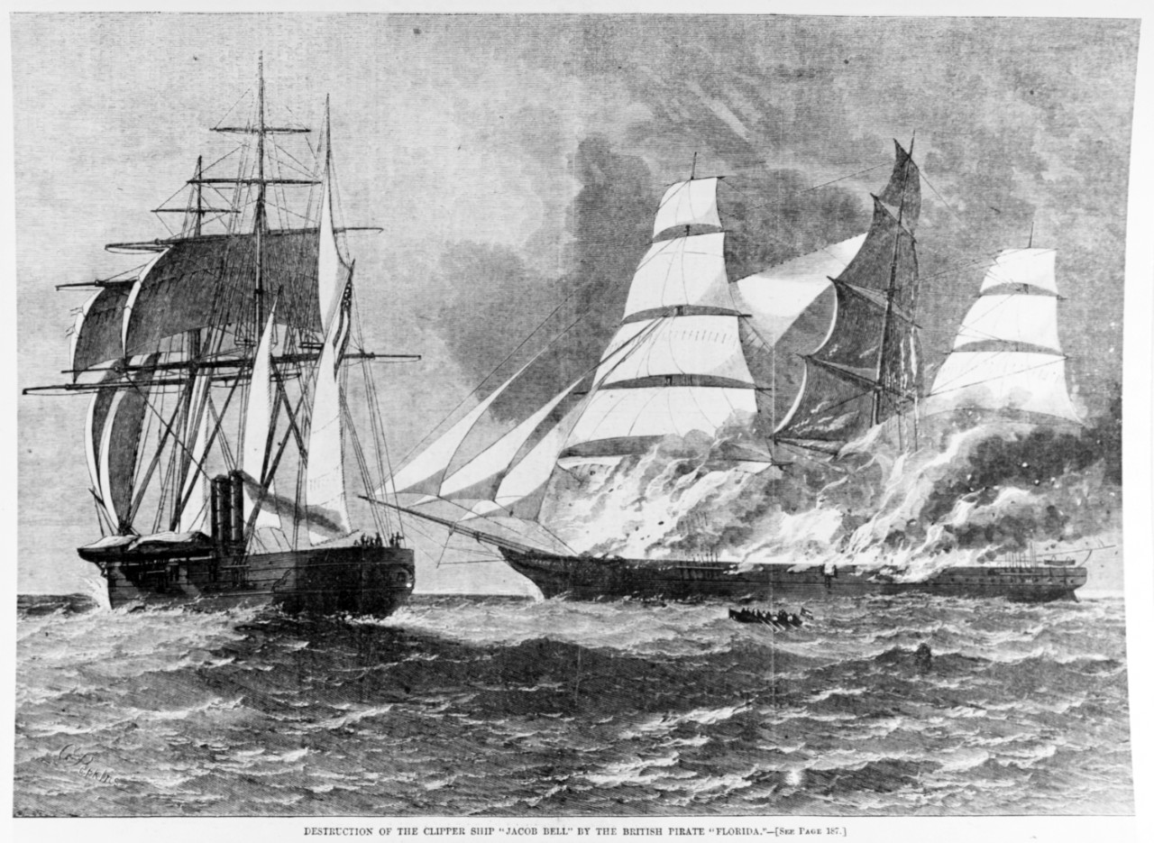 Photo #: NH 59293  &quot;Destruction of the Clipper Ship 'Jacob Bell' by the British Pirate 'Florida.'&quot;