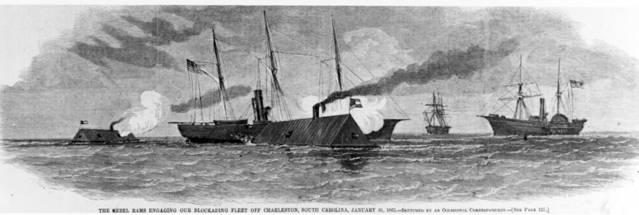 Photo #: NH 59304  &quot;The Rebel Rams engaging our Blockading Fleet off Charleston, South Carolina, January 31, 1863&quot;