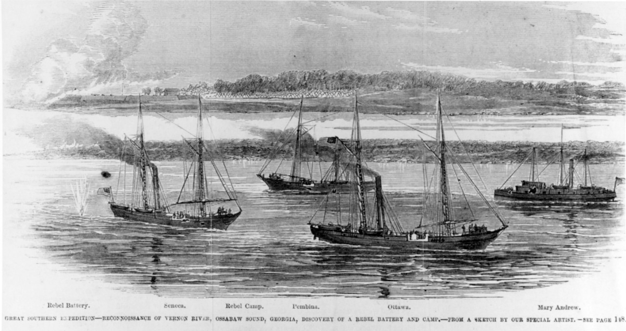 Photo #: NH 59309  &quot;Reconnoissance of Vernon River, Ossabaw Sound, Georgia, Discovery of a Rebel Battery and Camp.&quot;, 11 December 1861