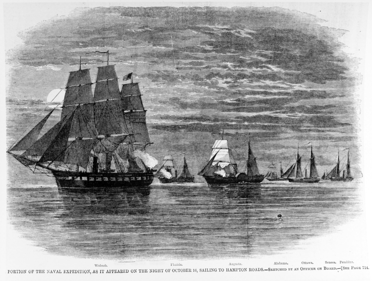 Photo #: NH 59316  &quot;Portion of the Naval Expedition, as it appeared on the night of October 16, sailing to Hampton Roads. -- Sketched by an Officer on Board.&quot; 1861