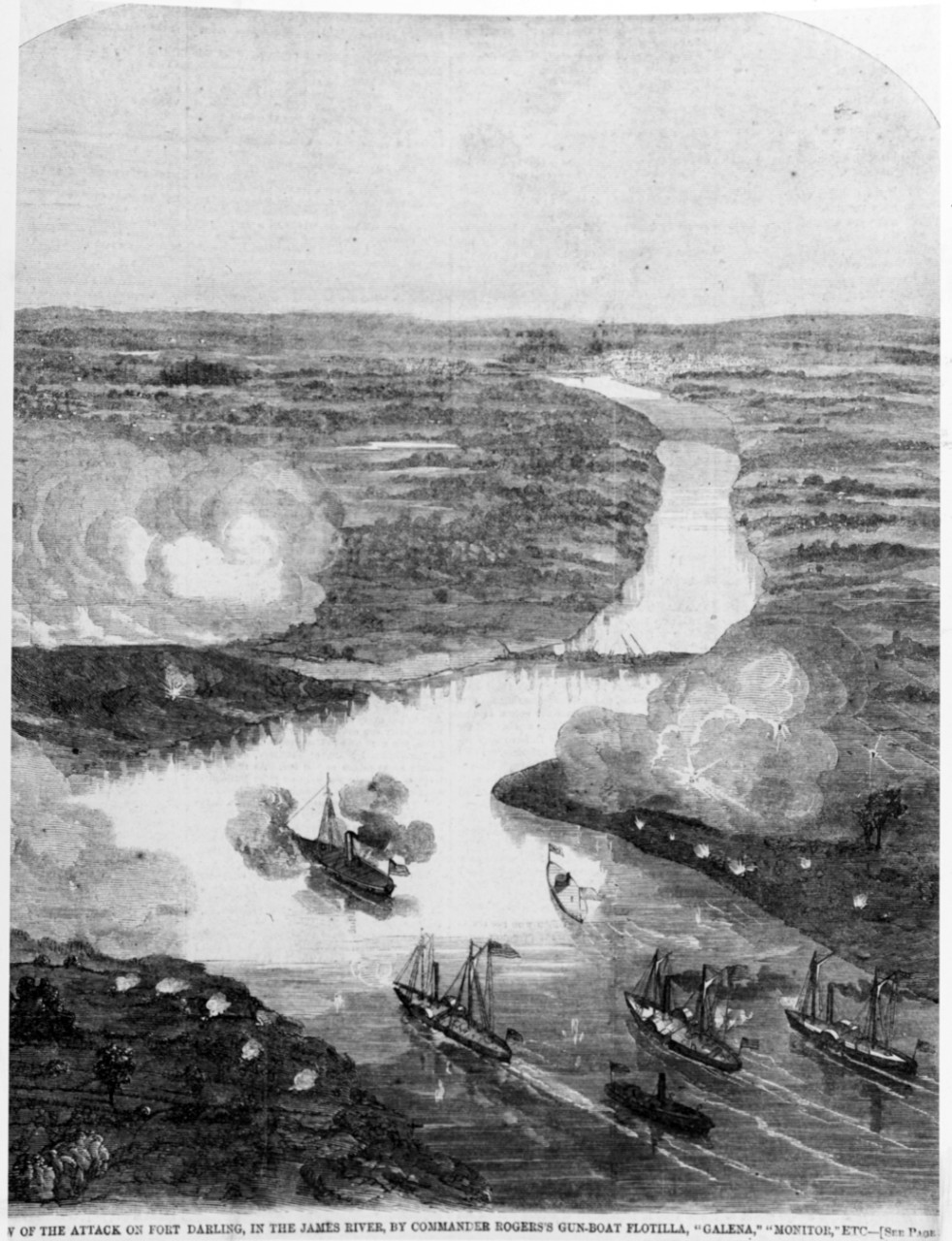 Photo #: NH 59336  &quot;View of the Attack on Fort Darling, in the James River, by Commander Rogers's Gun-Boat Flotilla, 'Galena', 'Monitor', etc.&quot;