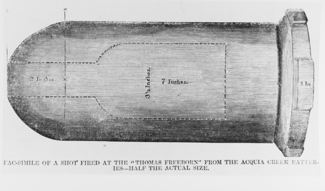 Photo #: NH 59390  &quot;Fac-simile of a Shot fired at the 'Thomas Freeborn' from the Acquia Creek Batteries.&quot;, 29 May - 1 June 1861