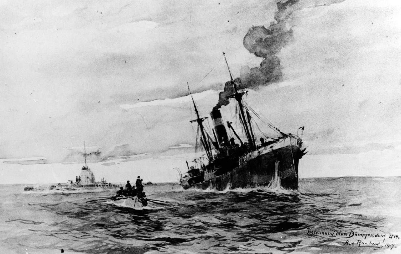 An Austrian Submarine sinking an enemy steamer, during World War I. Austro-Hungarian war art painting