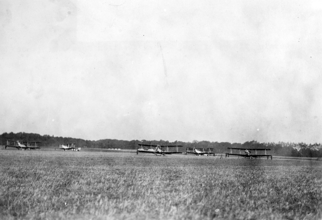 Morning line of the First Marine Aviation Unit, France, 1918. planes are DH-4s