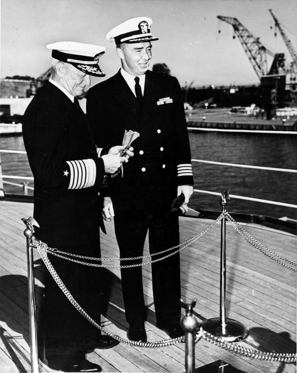 Fleet Admiral Nimitz Revisits USS MISSOURI where the Admiral, with other U.S. Representatives, Accepted the Surrender of the Japanese