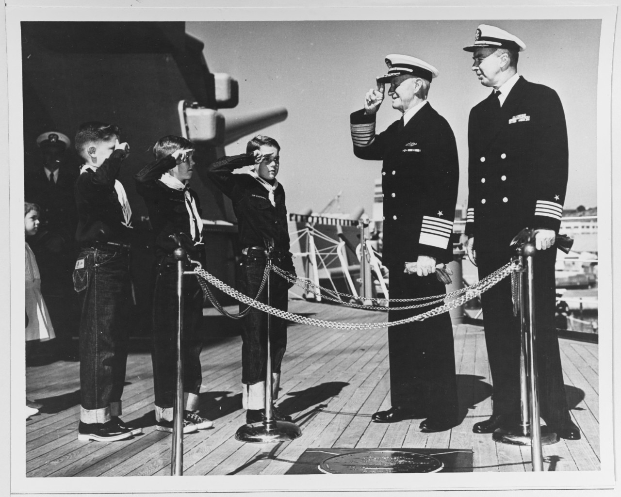Fleet Admiral Nimitz Returns the Scout Salute during a Revisit to the USS MISSOURI (BB 63)
