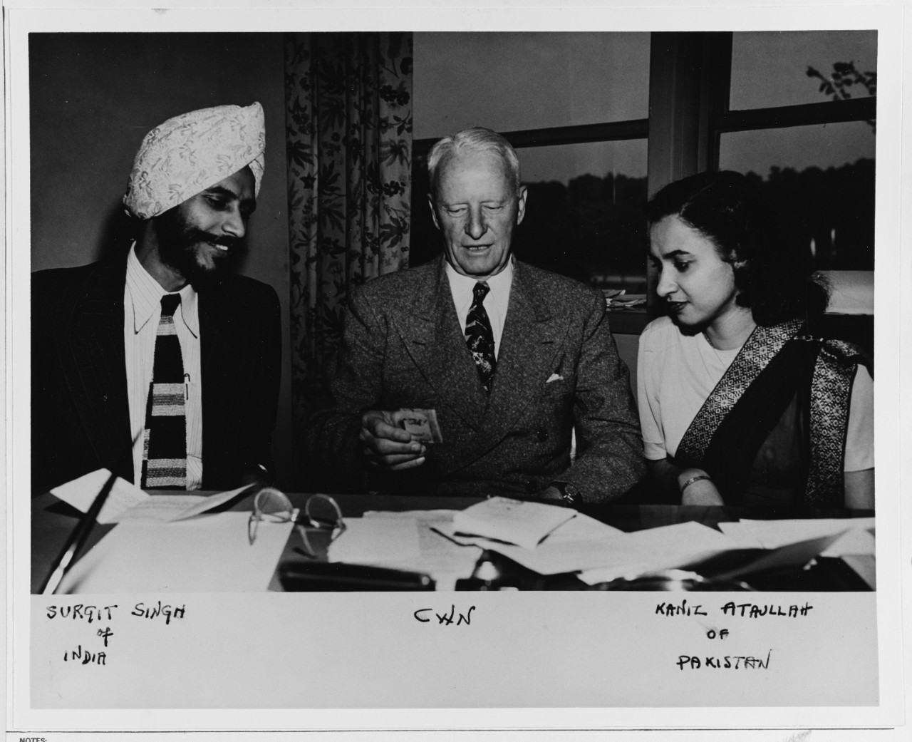 Fleet Admiral Nimitz with Surgit Singh of India and Kaniz Ataullah of Pakistan