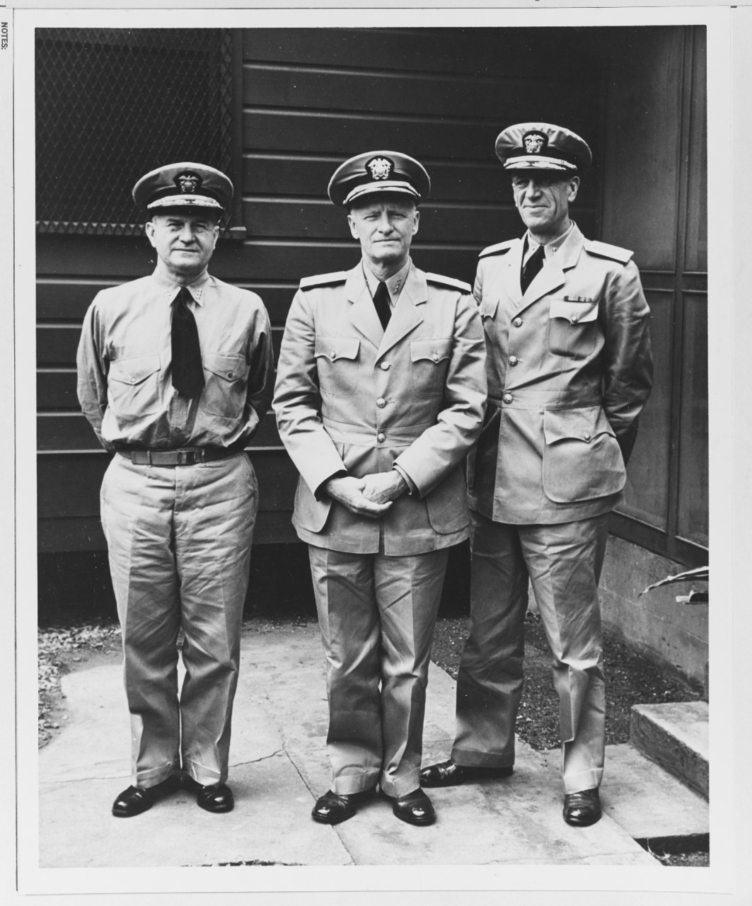 Admiral Nimitz, Vice Admiral Calhoun, and Rear Admiral Draemel at CINCPAC Headquarters, Pearl Harbor