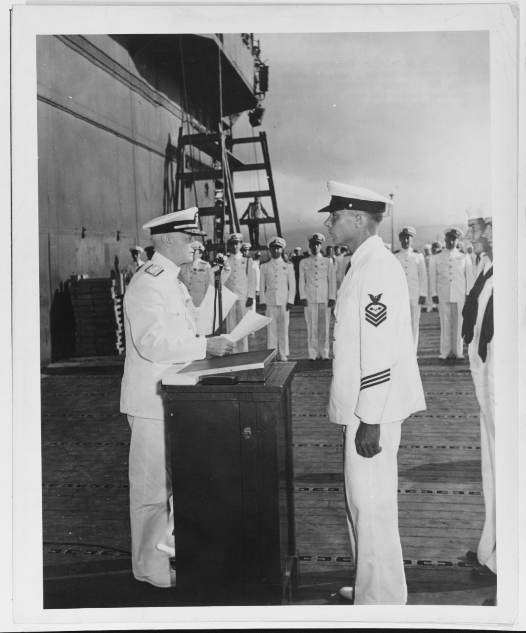 Admiral Nimitz Awards the Navy Cross to Harold Dixon, Aviation Chief Machinist Mate