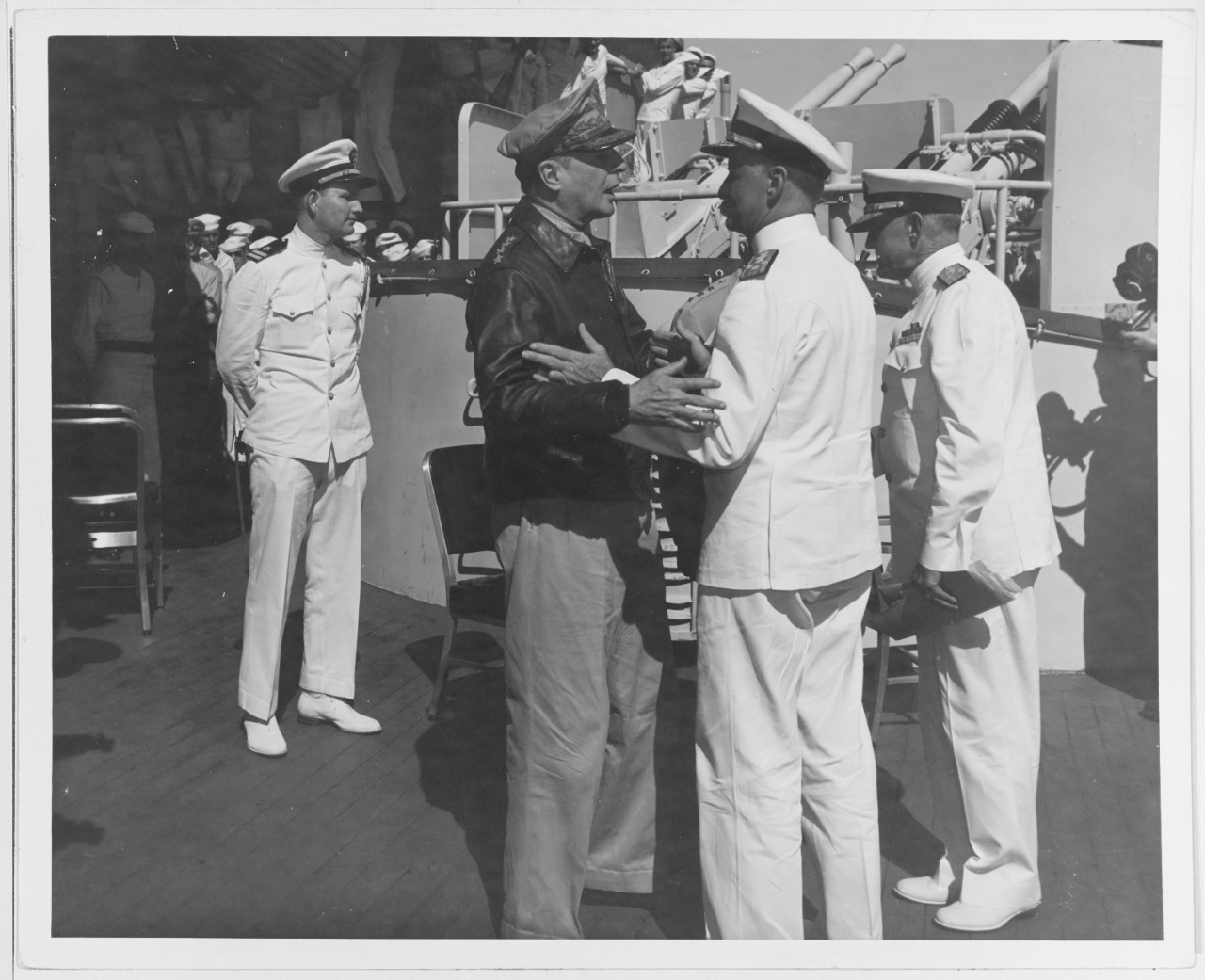 General Douglas MacArthur, Admiral Chester W. Nimitz, and Vice Admiral Robert L. Ghormley