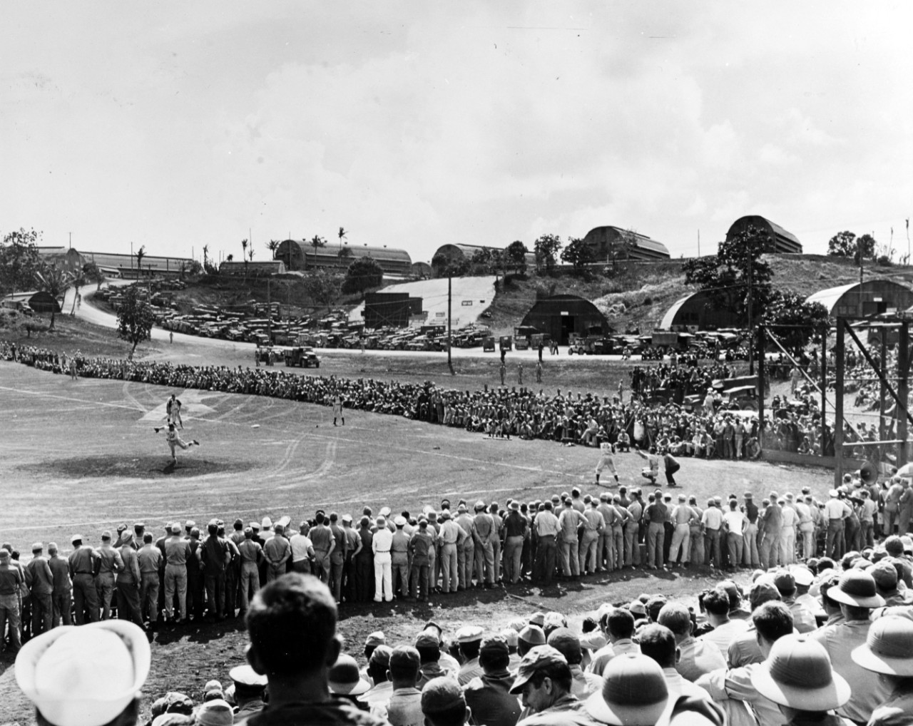 Exhibition baseball game at the dedication of Geiger Field, CINCPAC-CINCPOA Headquarters, Guam, February 1945.