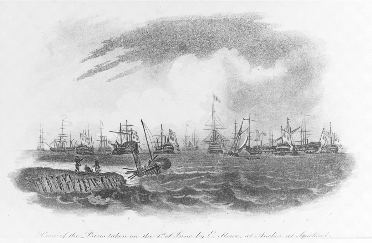 "View of the prizes taken on the 1st of June by E. Howe, at anchor at Spithead," battle of 1 June 1794.