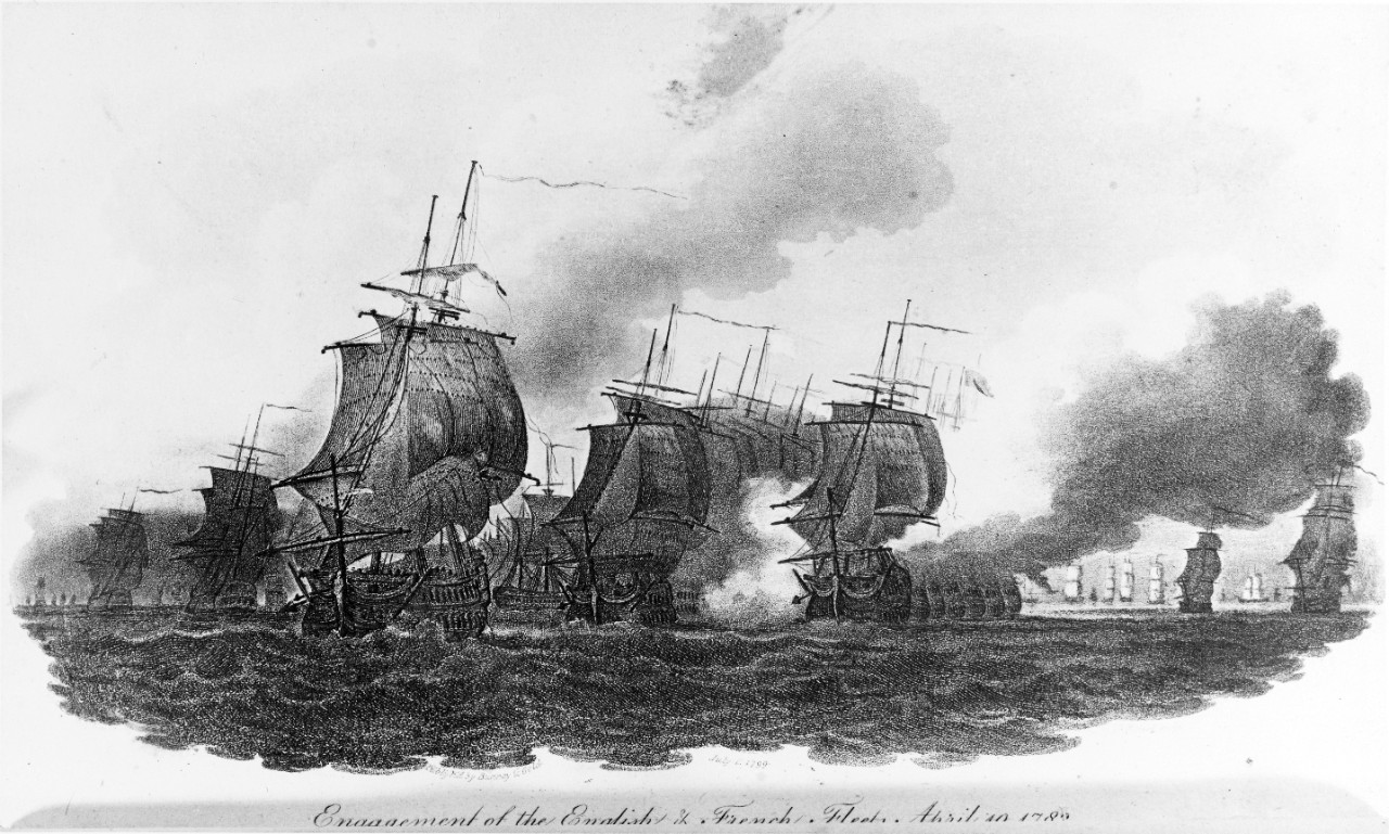 "Engagement of the English and French Fleets, April 19 (sic) 1782," battle off Dominica, April 9, 1782.
