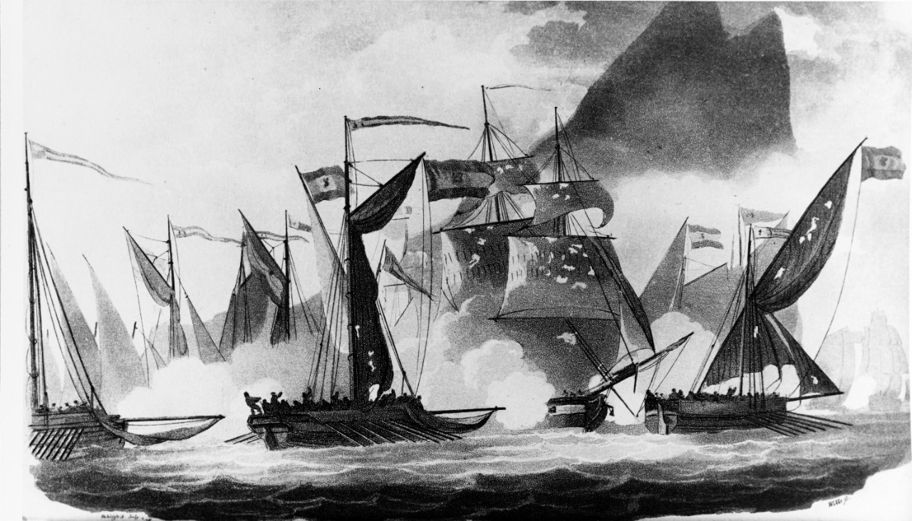 "Speedy sloop of war attacked by Spanish gun-boats," HMS SPEEDY vs. Spanish gunboats, 6 November 1799.