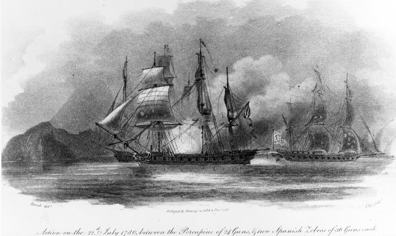 HMS PORCUPINE vs. two Spanish Xebecs, 22 July 1780.
