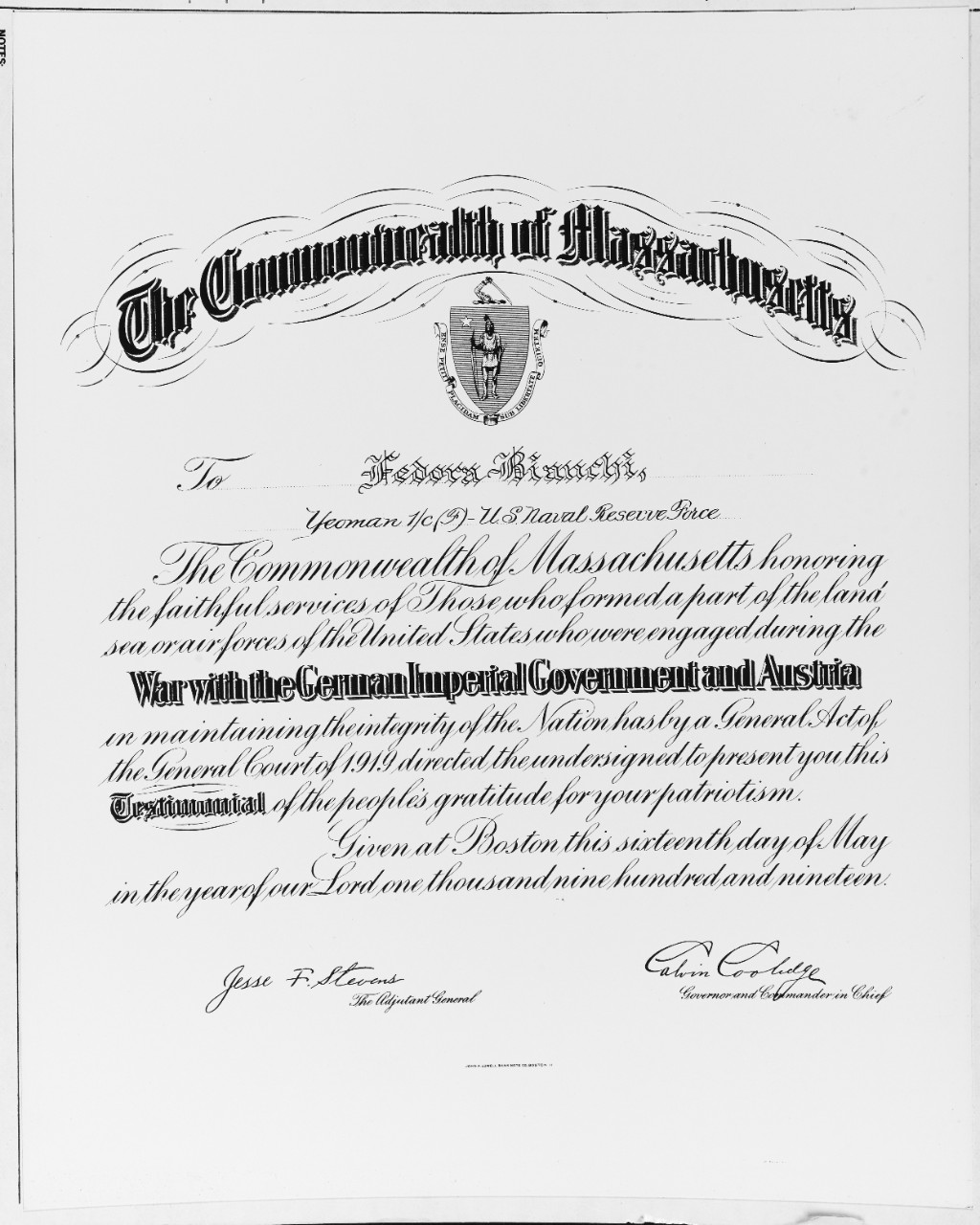 Photo #: NH 66386  Commonwealth of Massachusetts War Service Certificate