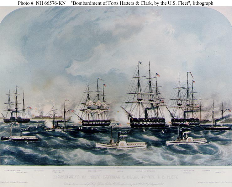 Photo #: NH 66576-KN &quot;Bombardment of Forts Hatteras &amp; Clark, by the U.S. Fleet&quot;