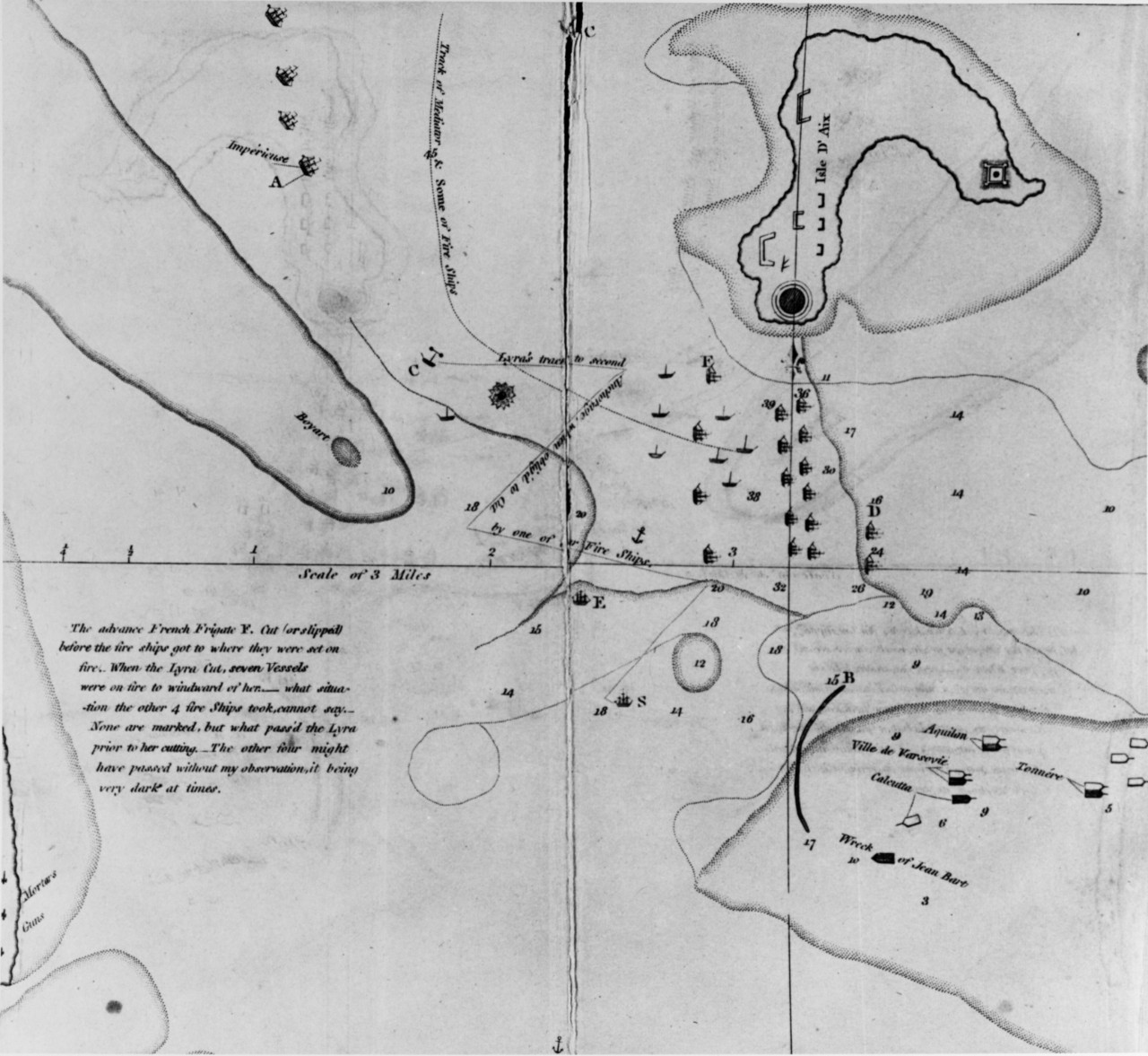Chart of the British fireship attack on the French fleet in Aix Roads (Basque Roads),  France, on 11-12 April 1809.