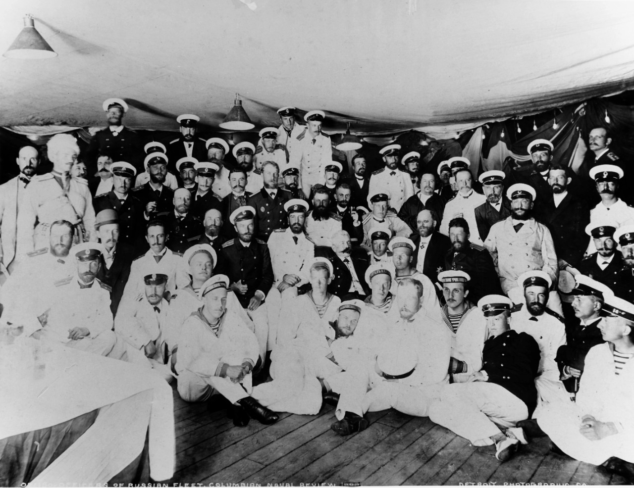 Russian naval officers and sailors aboard one of their warships