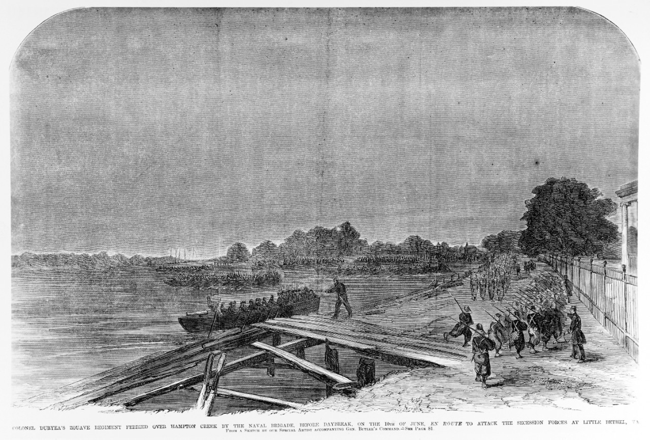 Colonel Duryea's Zouave regiment ferried over Hampton Creek