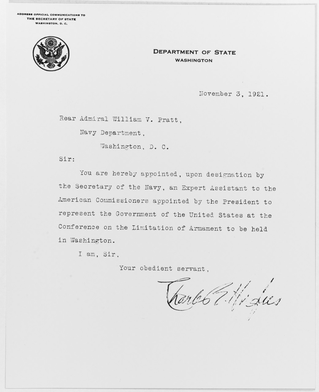Letter to Rear Admiral William V. Pratt, USN