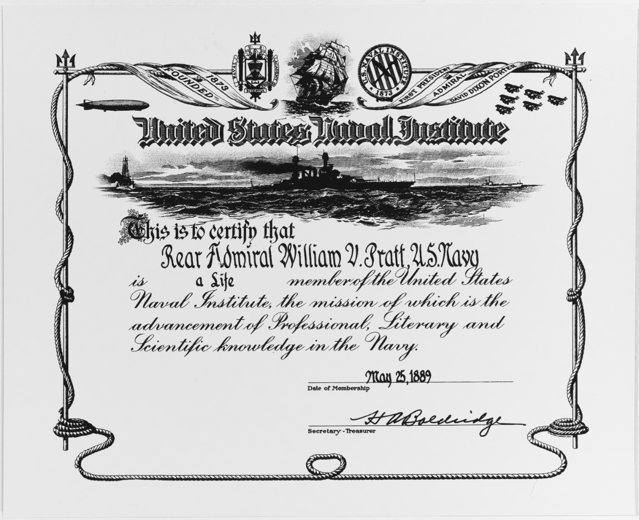 Certificate presented to Rear Admiral William V. Pratt, USN