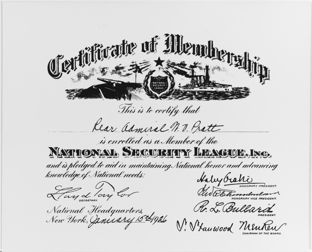 Certificate presented to Rear Admiral William V. Pratt, USN