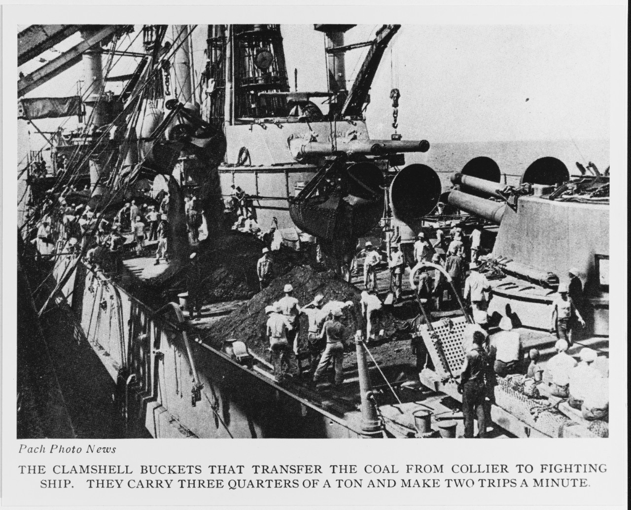 U.S. Navy Battleship receives coal from a Navy Collier, prior to World War I