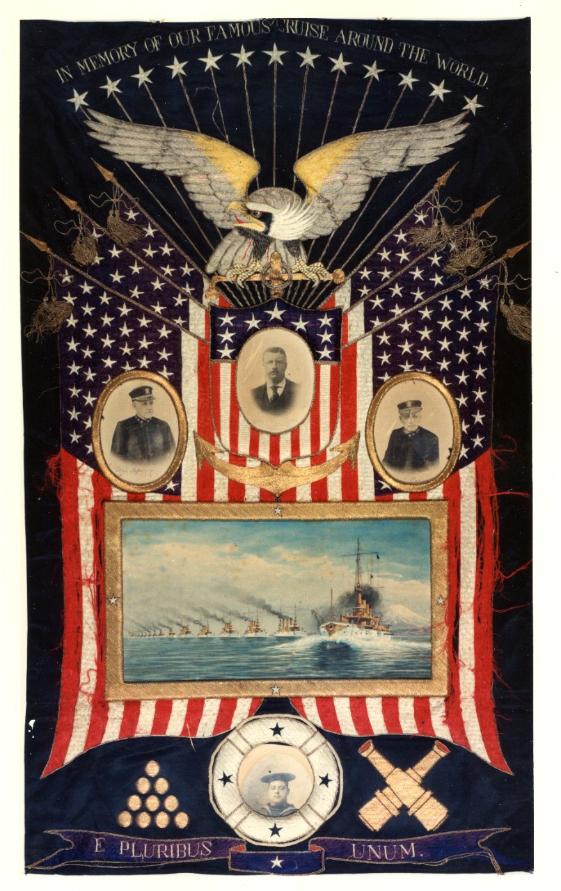 Photo #: NH 76542-KN Embroidered silk souvenir of the Great White Fleet's 1907-1909 cruise around the World