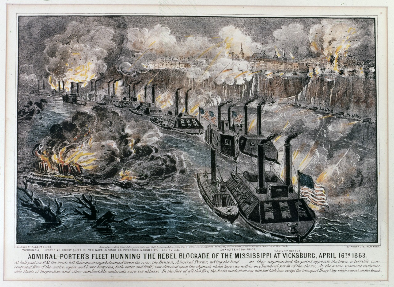 Photo #: NH 76557-KN &quot;Admiral Porter's Fleet Running the Rebel Blockade of the Mississippi at Vicksburg, April 16th 1863.&quot;