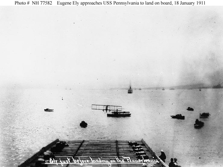 Photo #: NH 77582  First airplane landing on a warship, 18 January 1911