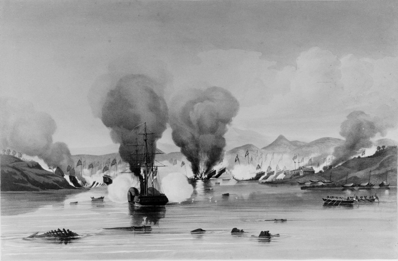 Destruction of the pirate squadron commanded by Chui Apoo, in Byas Bay, China, 1 October 1849.