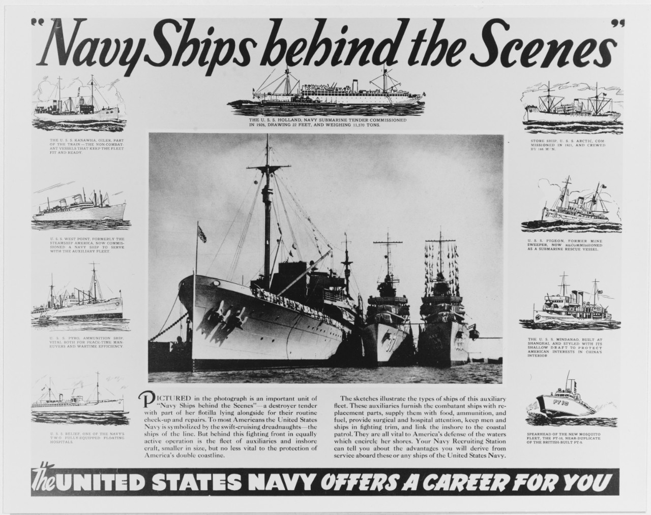 Navy recruiting poster, 1941, "Navy Ships behind the Scenes"